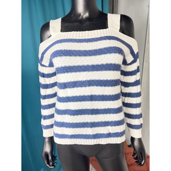 SO Sweaters - So Striped Knit Sweater Cold Shoulder Long Sleeve Pullover Top M